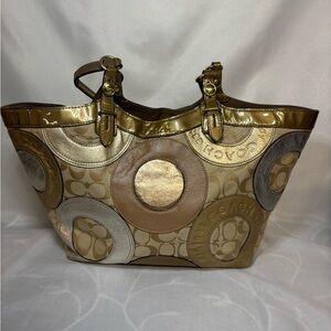 Coach Carly F16180 pieced Patchwork Metallic Signature Leather Tote